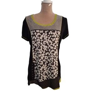 Variations Women Black White Geometric Mixed Media Tunic Top Lime Trim Large
